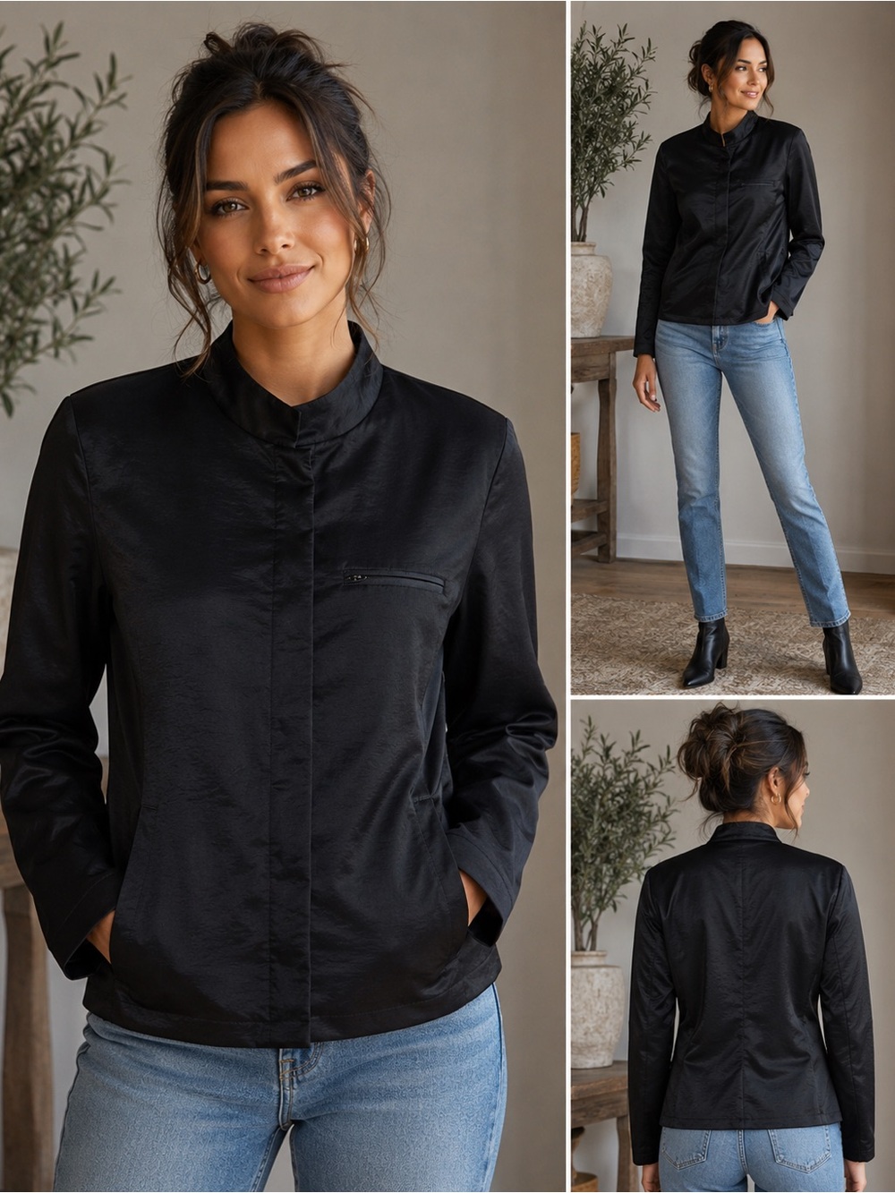 Eileen Fisher Women’s Black Nylon Cotton Lightweight Jacket Size L Minimalist